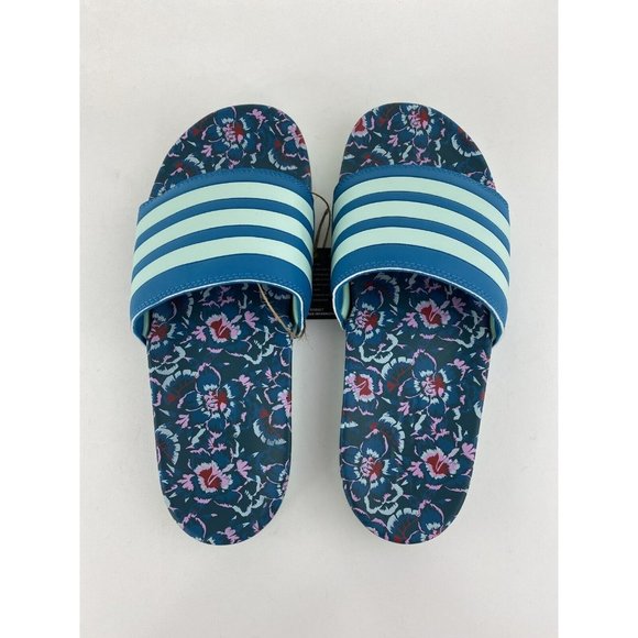 Adidas Adilette Comfort Blue Floral Women's Slides Teal Uncommon Colorway - Picture 5 of 10